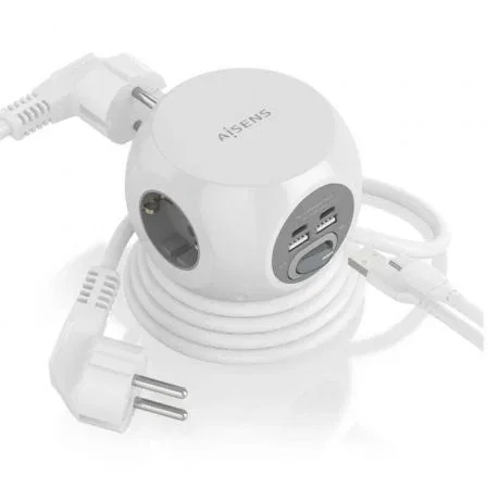 Aisens Regleta de Sobremesa Multifunción ASPS-2A2C04-W con 3 Tomas y 4 USB, Blanco